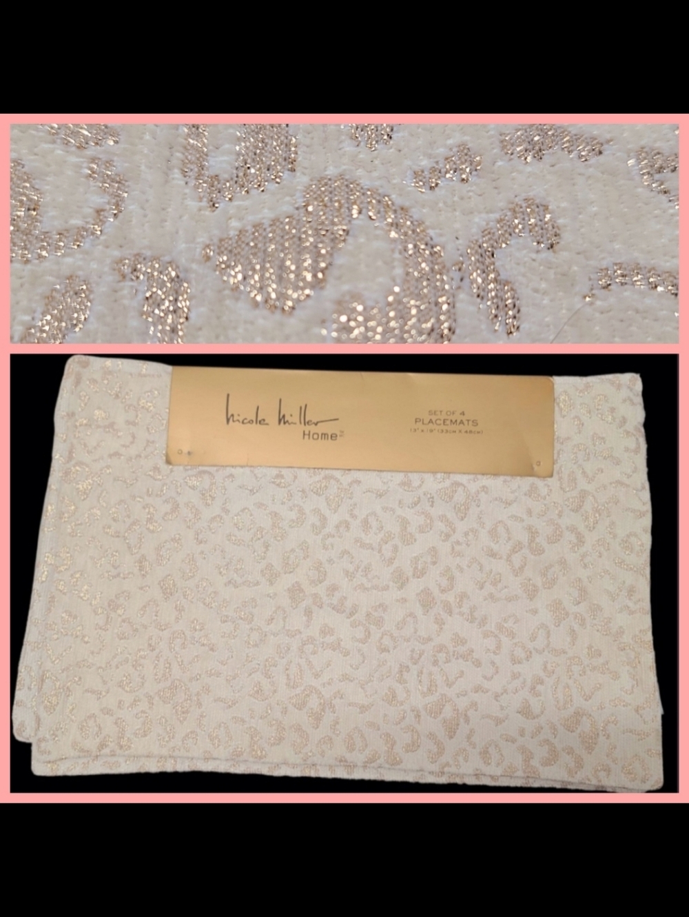 4 Nicole Miller Metallic Rose Gold Leopard Cheetah Animal Print Placemats NEW